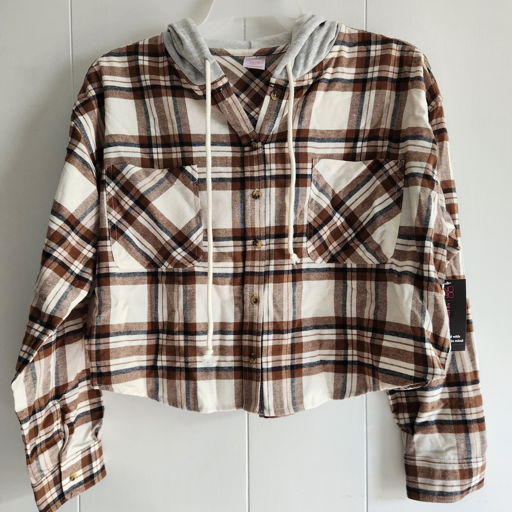 No Boundaries Brown Plaid Button Down Shirt with Hood